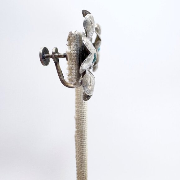 Sterling Silver 925 Turquoise Puffed Flower Screw Back Earrings Size 1" Length - Picture 9 of 13